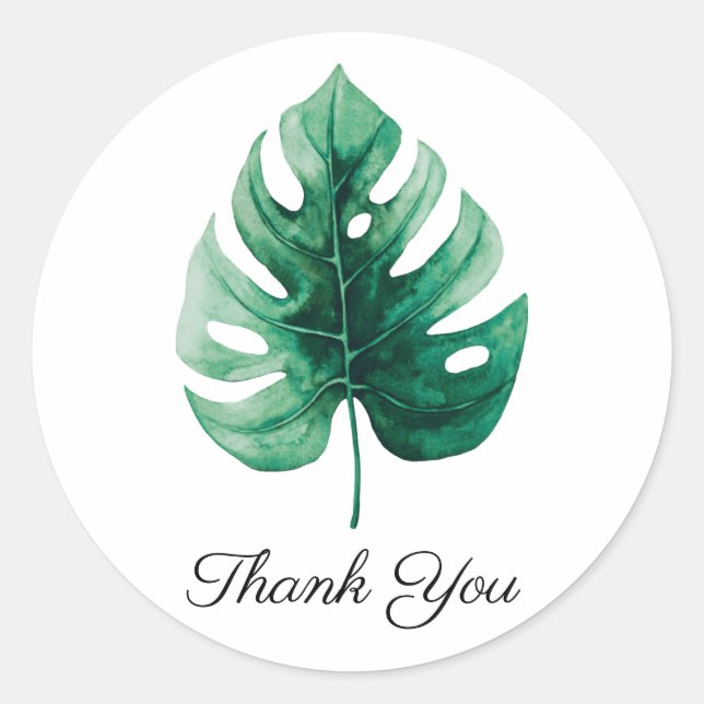 Tropical Watercolor Monstera Leaf Green Vielen Dan Runder Aufkleber (Vorderseite)