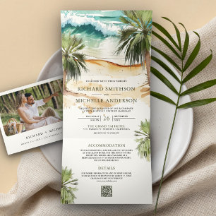 Tropical Watercolor Palm Beach QR Code Hochzeit Dreifach Gefaltete Einladung