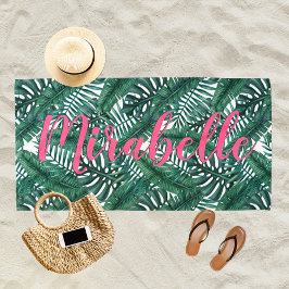 Tropical Watercolor Palm Blätter Custom Pink Name Strandtuch