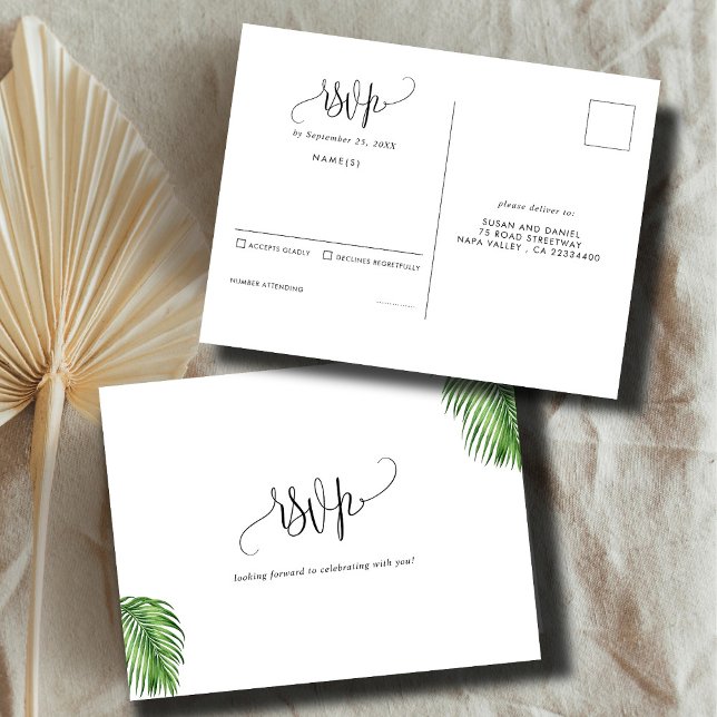 Tropical Watercolor Palm Blätter Wedding RSVP Postkarte (Von Creator hochgeladen)