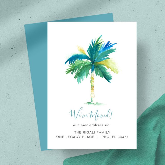 Tropical Watercolor Palm Tree Änderung der Adresse Ankündigung (New home moving announcements feature watercolor palm tree art by Victoria Grigaliunas DoTellABelle)