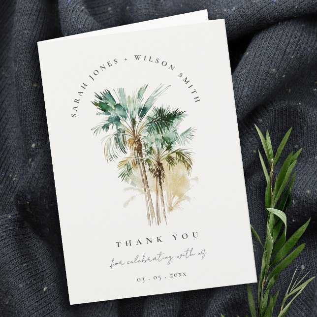 Tropical Watercolor Palm Trees Foto Hochzeit Dankeskarte (Von Creator hochgeladen)