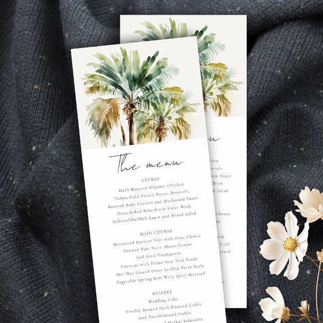 Tropical Watercolor Palm Trees Wedding Menu Card Einladung (Von Creator hochgeladen)