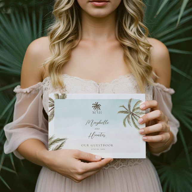 Tropical Watercolor Palm Trees Wedding Monogram Gästebuch (Tropical Watercolor Palm Trees Wedding Monogram Guest Book)
