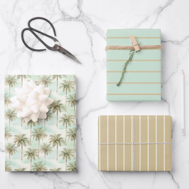 Tropical Watercolor Palmen Tree Aqua and Tan Geschenkpapier Set (Vorderseite)