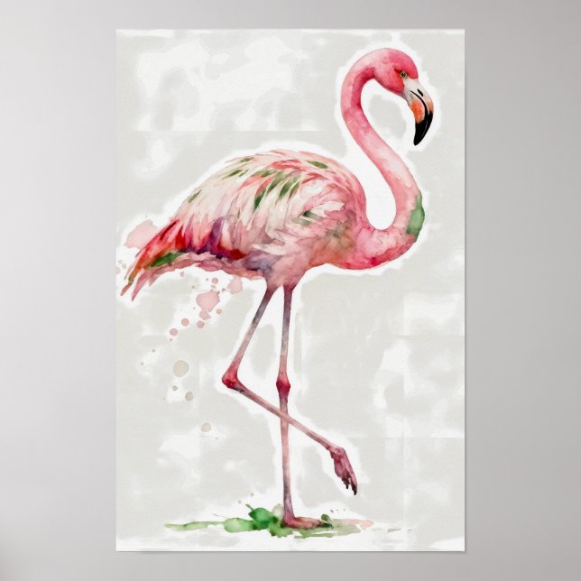Tropical Watercolor Pink Flamingo On White Poster (Vorne)