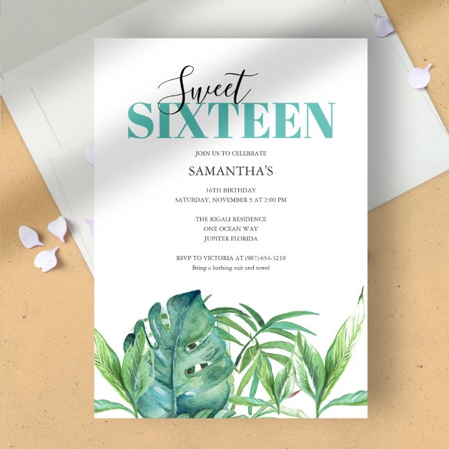 Tropical Watercolor Sweet 16 Einladungen zum Gebur (birthday party sweet 16 tropical luau green monstera palm leaves)