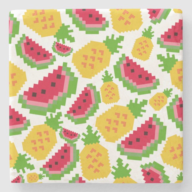 Tropical Watermelon and Pineapple Pixel Pattern Steinuntersetzer (Vorderseite)