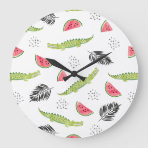Tropical Watermelon & Crocodile Pattern Große Wanduhr