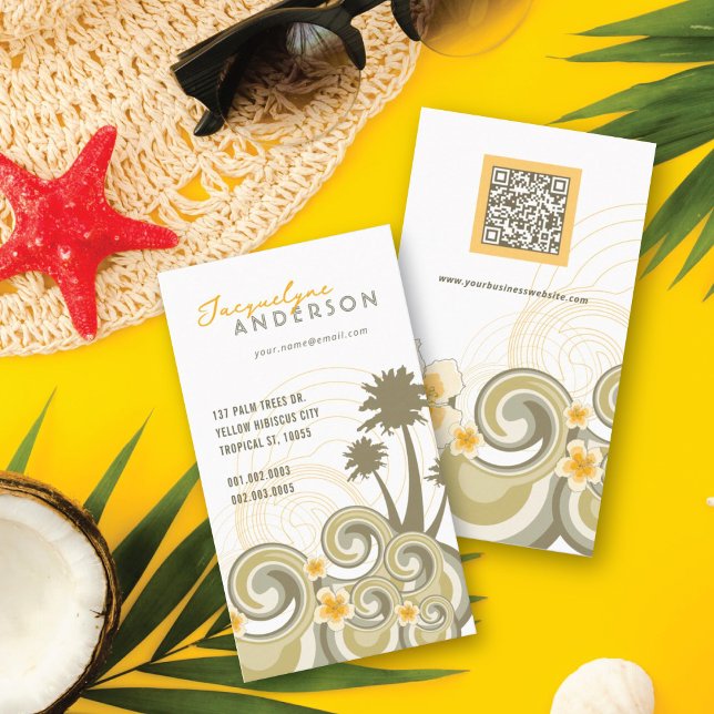 Tropical Waves Hibiskus Beach Sommerpalmen Visitenkarte (Tropical Waves Beach, Yellow Hibiscus, Summer Breeze AndPalm Trees Business Card @ fat_fa_tin)