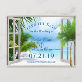 Tropical Wedding Beach Scene Save the Date Card Ankündigungspostkarte