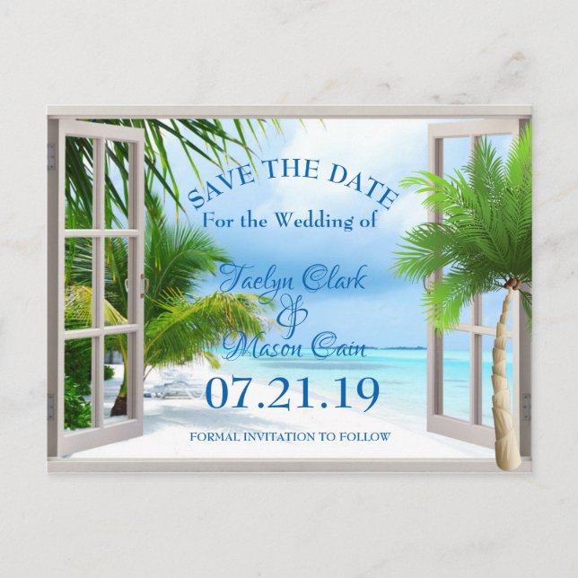 Tropical Wedding Beach Scene Save the Date Card Ankündigungspostkarte (Vorderseite)