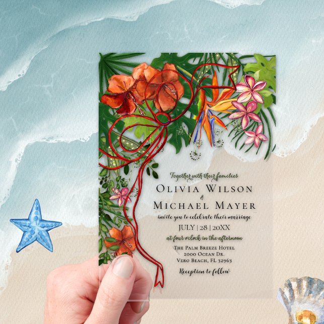 Tropical Wedding I Floral & Red Bow Acrylic Acryleinladungen (Tropical Wedding I Floral & Red Bow Acrylic Invitations)
