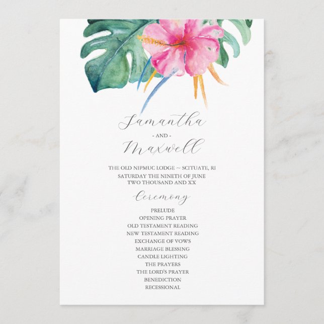 Tropical Wedding Programs Pink Flowers Einladung (Vorderseite)