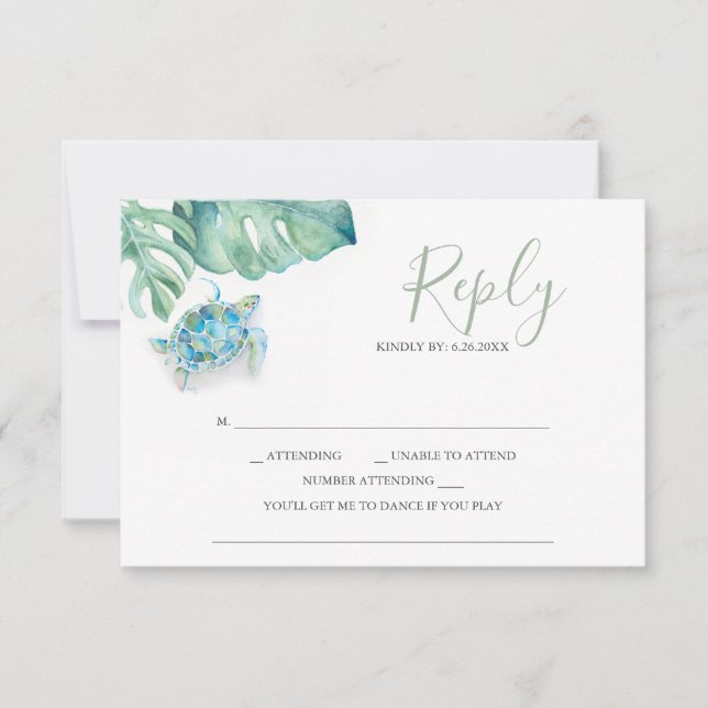 Tropical Wedding RSVP Cards Sea Turtle Palm Leaves (Vorderseite)