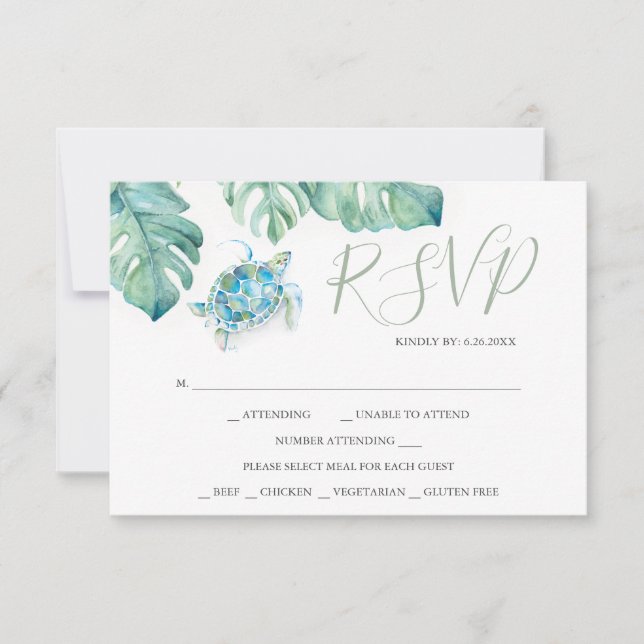 Tropical Wedding RSVP Cards Watercolor Sea Turtle Karte (Vorderseite)