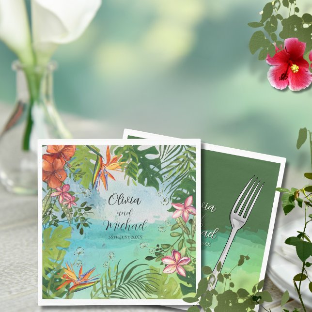 Tropical Wedding  Watercolor Hibiscus Palm Green Serviette (Tropical Wedding Watercolor Hibiscus Palm Green Napkins)