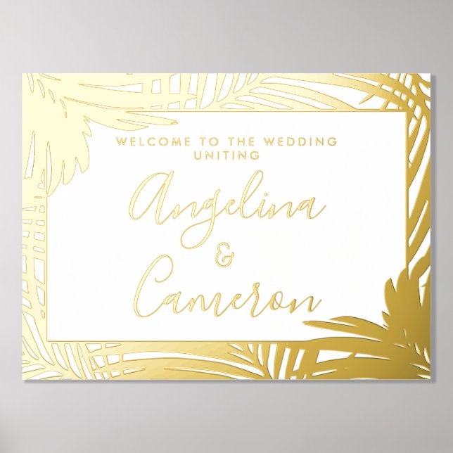 Tropical Wedding Welcome Sign Gold Palm Foliendrucke (Vorderseite)