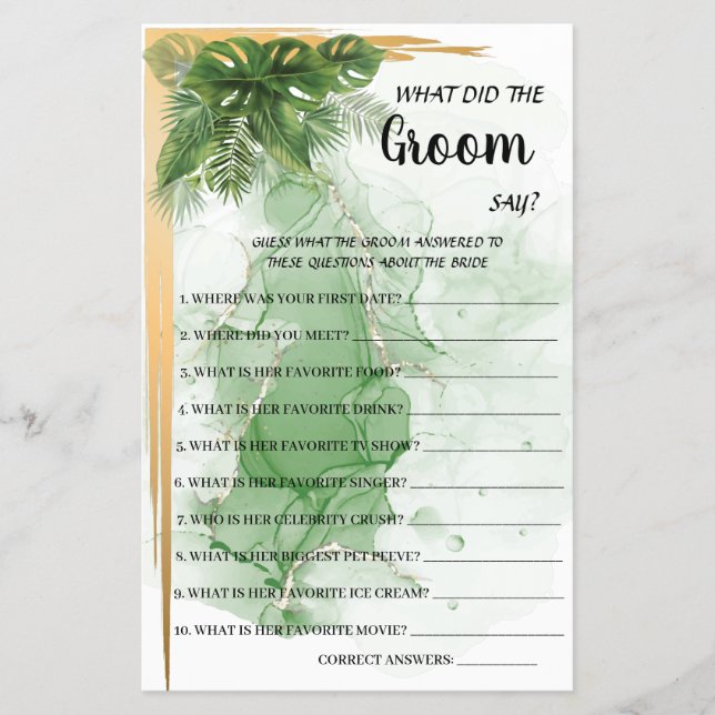 Tropical What Groom say Brautparty Game Card Flyer (Vorne)