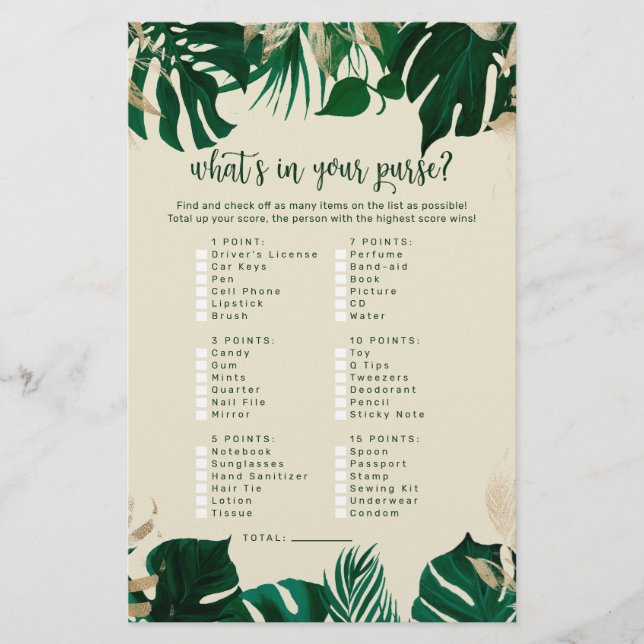 Tropical What's in Your Purse Brautparty Game (Vorderseite)