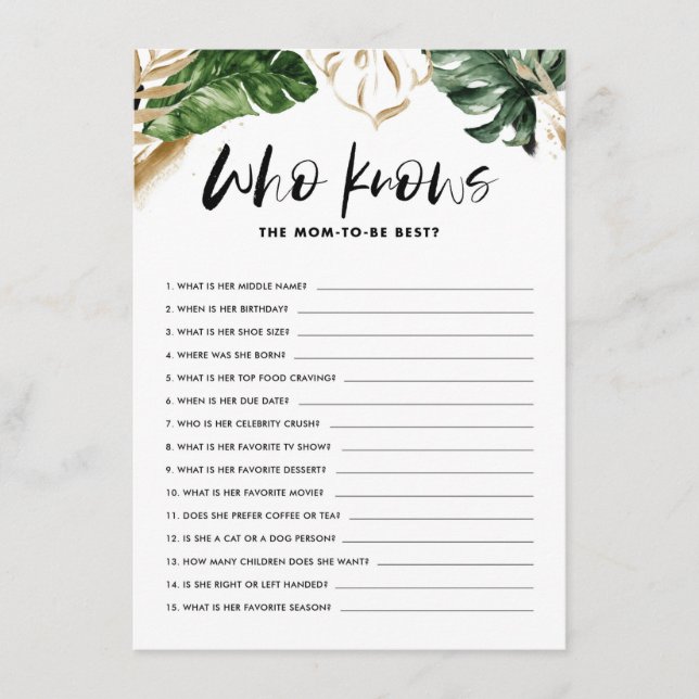 Tropical Who kennt Mama als bestes Baby Shower Gam Begleitkarte (Vorderseite)