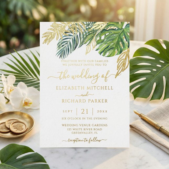 Tropical Wild Palm Blätter Wedding Folieneinladung (Von Creator hochgeladen)