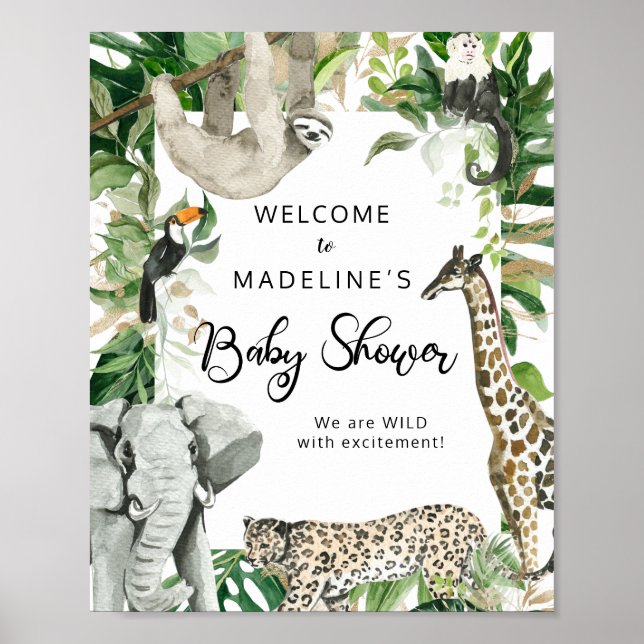 Tropical Wild Safari Animal Baby Dusche Willkommen Poster (Vorne)