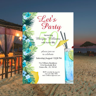 Tropicaler Sommer Blau Cocktail 50. Geburtstagsfei Einladung