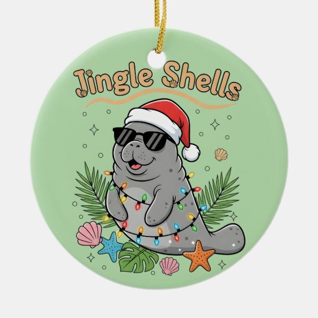 Tropicaler Weihnachtsmann-Manati mit Jingle Shells Keramik Ornament (Vorne)
