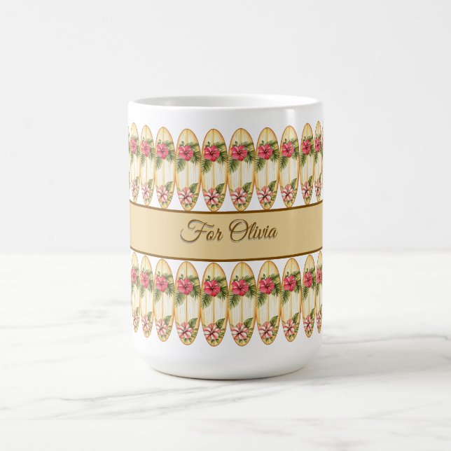 Tropicales Surfbrett-Blumendesign – Anpassbar Na Kaffeetasse (Mittel)