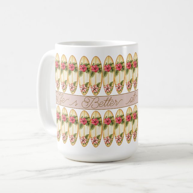 Tropicales Surfbrett-Blumendesign – Anpassbar Ph Kaffeetasse (Vorderseite Links)