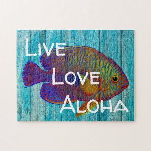 Tropicalisches Fisch-Strand-Schild 'Live Love Aloh Puzzle