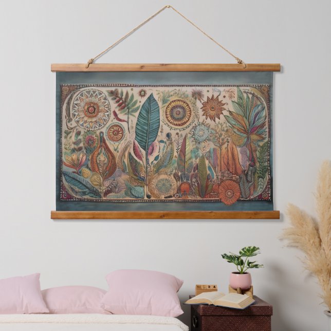 Tropicla Boho Art Panel Wall Hanging Wandteppich Mit Holzrahmen (Schlafzimmer)