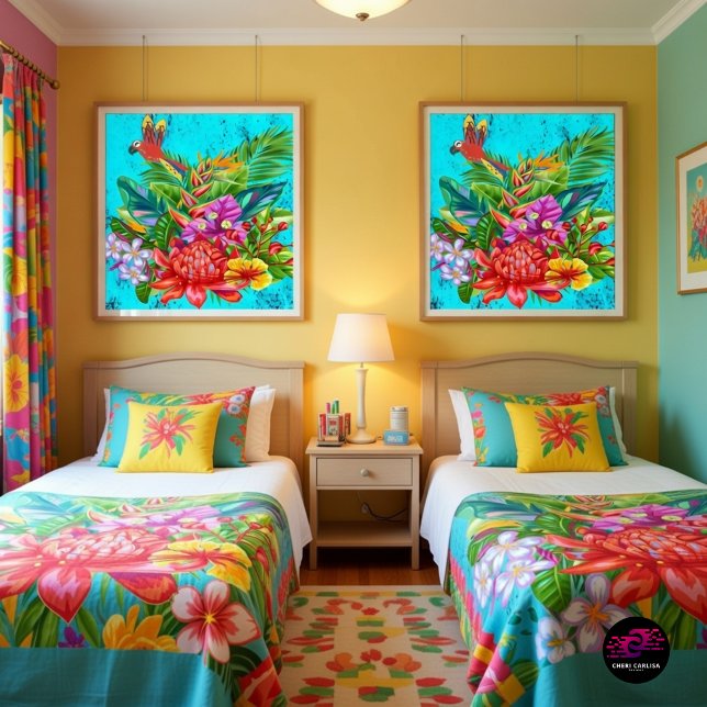 TropiColor Fusion Macaw & Bloral Serenade Poster (Vibrant tropical art that brings the room to life.)