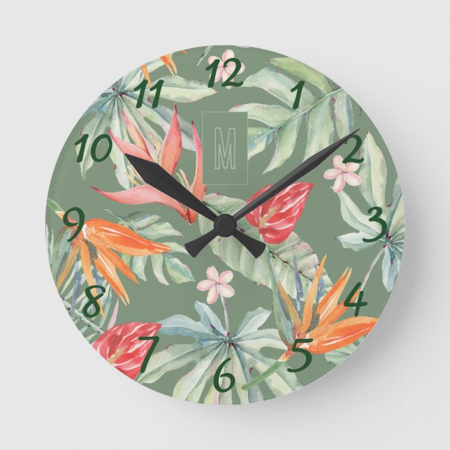 Tropics Blume Foliage Fantasy mit Monogram Runde Wanduhr (Vorderseite)