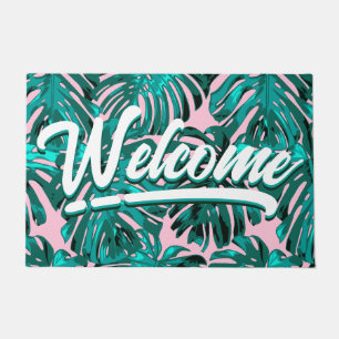 Tropisch-Aquamarin-rosa Monstera-Dschungel-Blätter Fußmatte