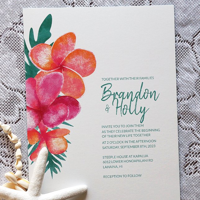 Tropisch Aquamarine Rosa Korallen Blume Hochzeit E Einladung (Tropical Coral and Pink Plumeria Wedding Invitations )