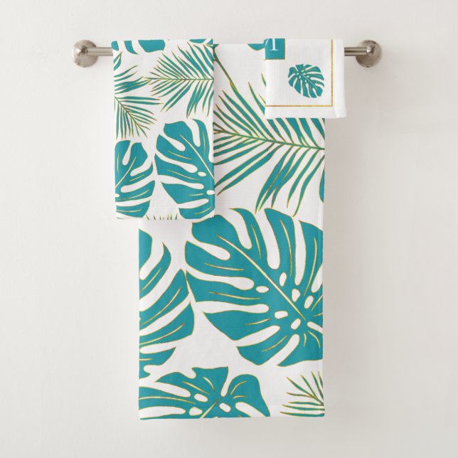 Tropisch blau, goldfarbene Blätter und Monogramm Badhandtuch Set (Insitu)
