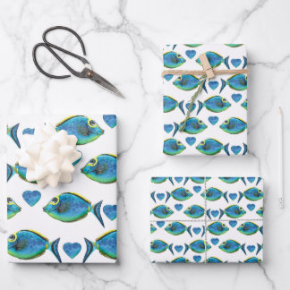 Tropisch blauer Fisch und Herz Geschenkpapier Set