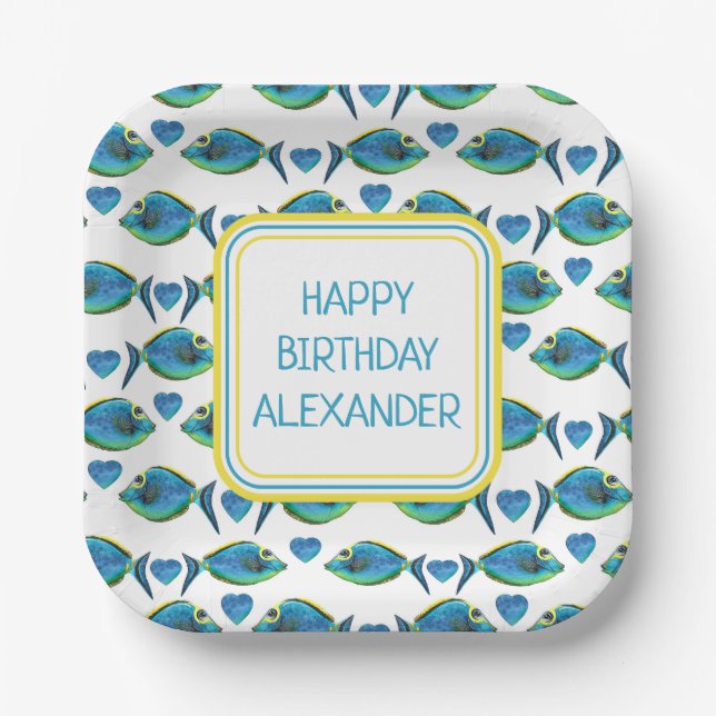 Tropisch blauer Fisch und Herz Pappteller (Vorderseite)