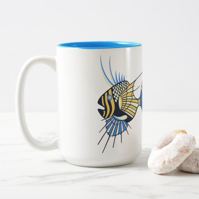 Tropisch Blauer Gelber Wasserfisch Zweifarbige Tasse (Mit Donut)