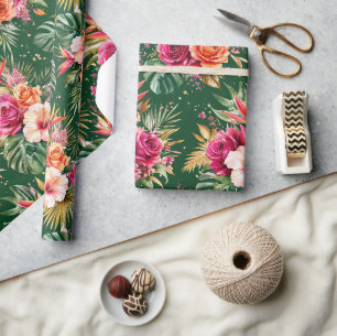 Tropisch Blumig Hibiskus & Grünpflanzen Geschenkpapier