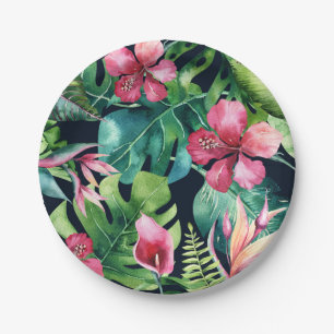 Tropisch Blumig Hibiskus und Palmenblätter Hawaiia Pappteller