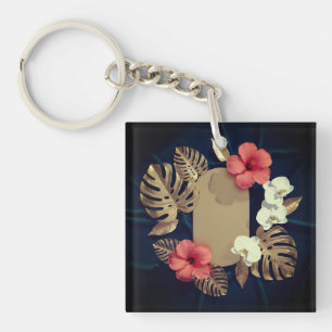 Tropisch Botanisches Gold Monstera Hibiskus Elegan Schlüsselanhänger