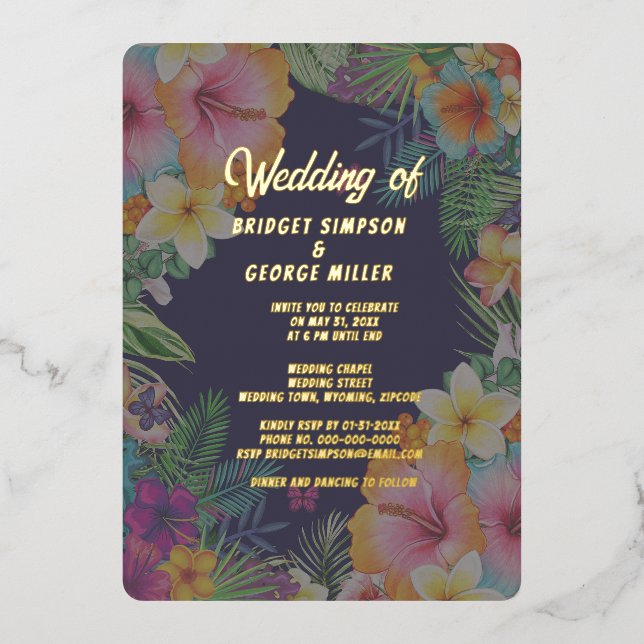 Tropisch bunter Hibiskus hawaiianische Sommerhochz Folieneinladung (Vorderseite)