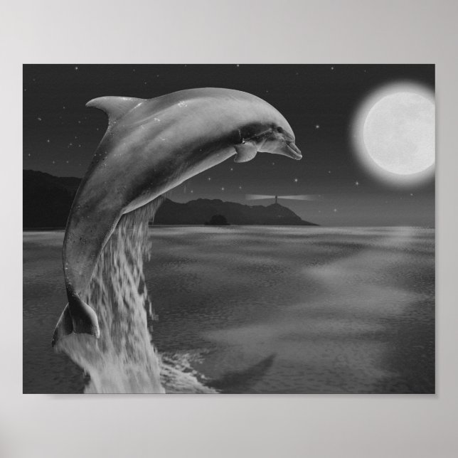 Tropisch-druckbare Schwarz-Weiß-Dolphin-Kunst Poster (Vorne)