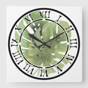 Tropisch exotische Monstera Blätter Aquarell e Quadratische Wanduhr