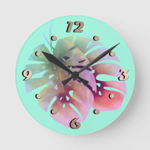 Tropisch exotische Monstera Blätter Aquarell e Runde Wanduhr