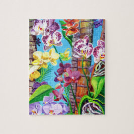 Tropisch-farbene Orchideen und Puzzles aus Palmen