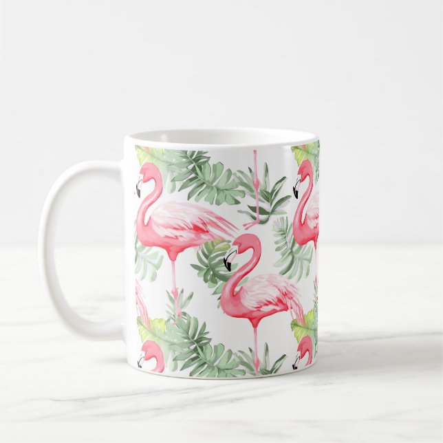 Tropisch farbenfroher Flamingo und Blätter Kaffeetasse (Links)